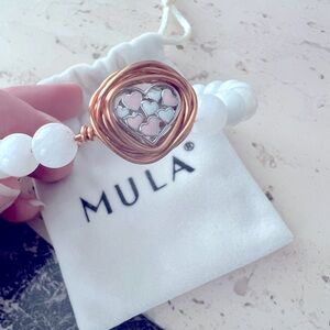 MULA White Beaded Moonstone Bracelet with Pink Heart Silver Charm on Copper Wire